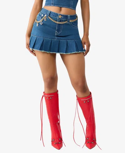 True Religion Pleated Denim Miniskirt In Blue