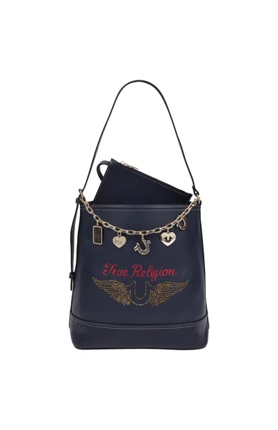 True Religion Women's Chain Moto Faux Leather Bucket Bag In Navy In Blue