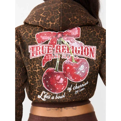 True Religion Women's Cherry Leopard Shrunken Zip Hoodie In Pink