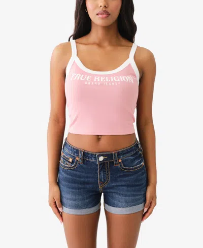 True Religion Women's Contrast Band Ribbed Baby Tank In Pink