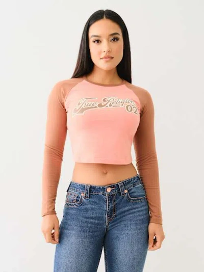 True Religion Women's Contrast Long Sleeve Baseball T-shirt In Pink