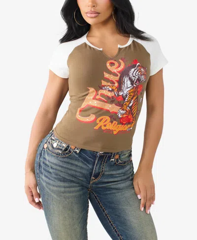 True Religion Women's Contrast Raglan Notch Baby T-shirt In Brown