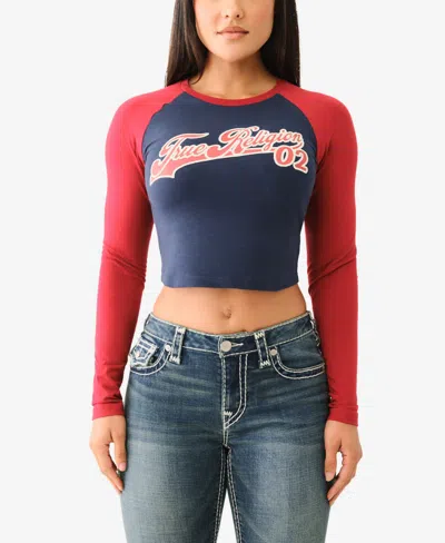 True Religion Women's Contrast Raglan T-shirt In Dress Blue,red Dahlia