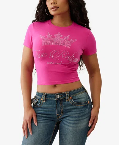 True Religion Women's Crew Neck Crystal Baby T-shirt In Pink