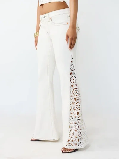 True Religion Women's Crochet Mid Rise Flap Flare Jean In White