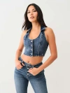 True Religion Crop Denim Crystal Vest In Blue