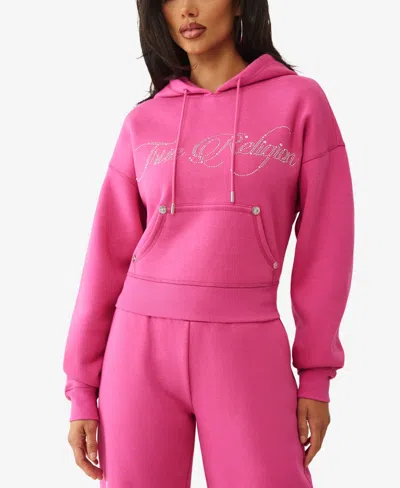 True Religion Women's Cropped Crystal Relaxed Sweatshirt In Pink