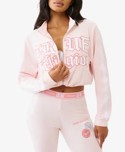 True Religion Women's Cropped Velour Track Zip Up Hoodie In Pink