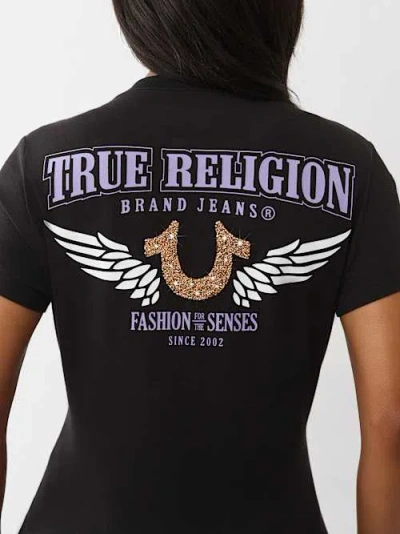 True Religion Women's Crushed Crystal Horseshoe V Neck T-shirt In Black