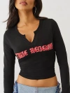True Religion Women's Crystal Applique V Notch Long Sleeve T-shirt In Black