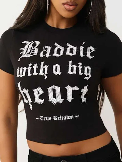 True Religion Women's Crystal Baddie Slogan Baby T-shirt In Black