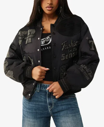 True Religion Women's Crystal Branded Nylon Bomber Jacket In Black