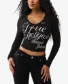 True Religion Women's Crystal Branded V Neck Baby T-shirt In Black