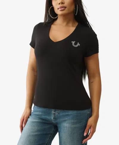 True Religion Women's Crystal Buddha V Neck T-shirt In Black