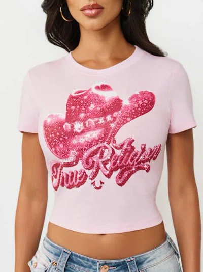 True Religion Women's Crystal Cowgirl Crewneck Baby T-shirt In White