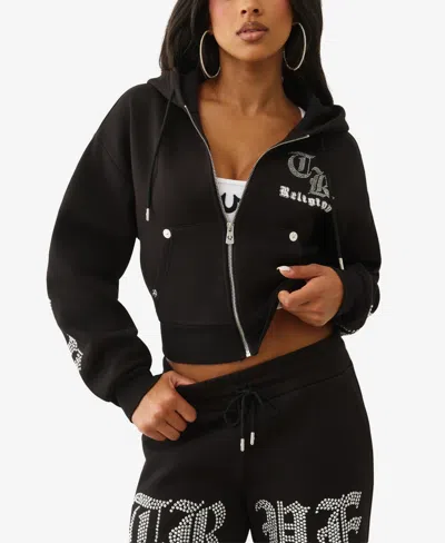 True Religion Women's Crystal Cropped Zip Hoodie In Black