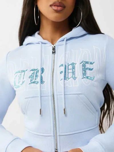 True Religion Women's Crystal Embroidered Shrunken Zip Hoodie In Blue