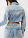 True Religion Women's Crystal Fringe Crop Denim Jacket
