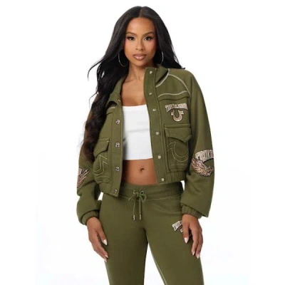 True Religion Women's Crystal Girlfriend Raglan Sweater Jacket In Green