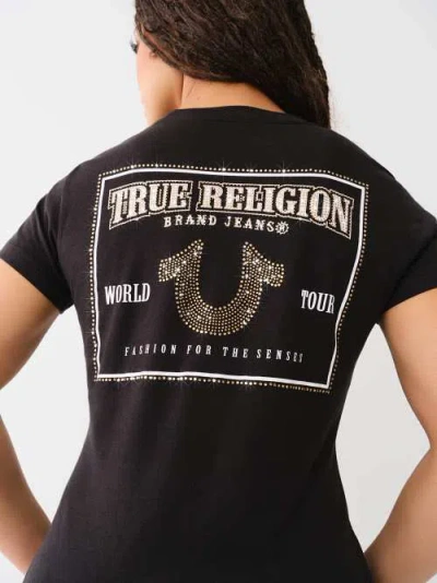 True Religion Women's Crystal Horseshoe Logo Crew T-shirt In Black