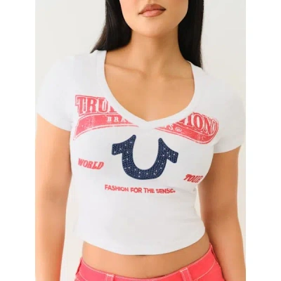 True Religion Women's Crystal Horseshoe V Neck Baby T-shirt In White