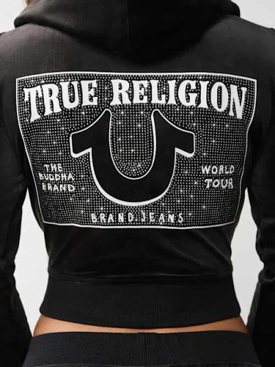 True Religion Women's Crystal Horseshoe Velour Shrunken Zip Hoodie In Black