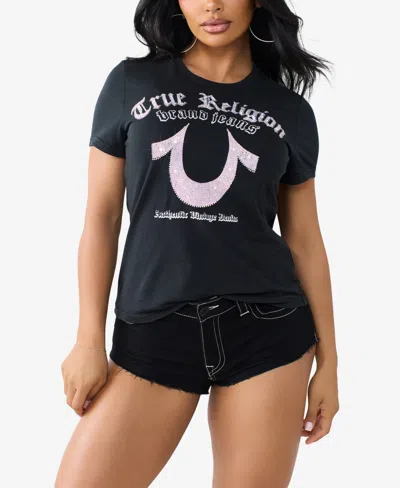 True Religion Women's Crystal Horseshow Crew Neck T-shirt In Blue