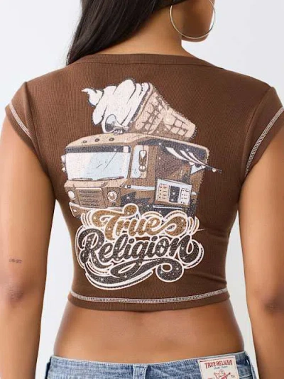 True Religion Women's Crystal Ice Cream Ribbed Notch T-shirt In Brown