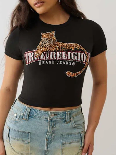 True Religion Women's Crystal Leopard Logo Baby T-shirt In Black