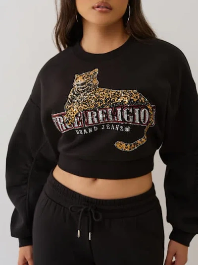 True Religion Women's Crystal Leopard Ruched Sleeve Pullover In Black