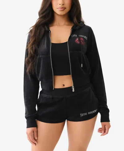 True Religion Women's Crystal Lips Shrunken Hoodie Sweatshirt In Black