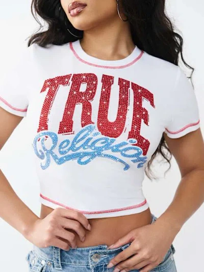 True Religion Women's Crystal Logo Crewneck Baby T-shirt In White