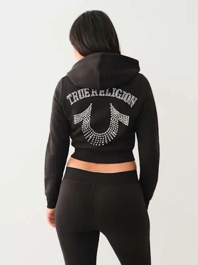 True Religion Women's Crystal Logo Crop Zip Hoodie In Black