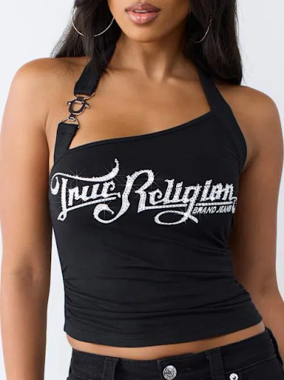 True Religion Women's Crystal Logo Halter Top In Black
