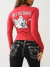 True Religion Women's Crystal Logo Long Sleeve V Neck T-shirt