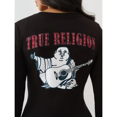 True Religion Women's Crystal Logo Long Sleeve V Neck T-shirt In Black