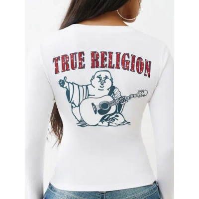 True Religion Women's Crystal Logo Long Sleeve V Neck T-shirt In White