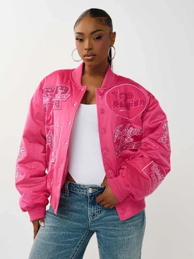True Religion Women's Crystal Logo Nylon Bomber Jacket In Pink