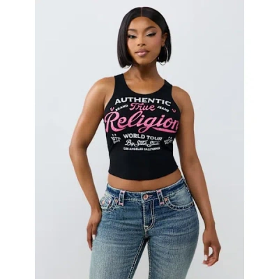True Religion Women's Crystal Logo Ribbed Tank Top In Black