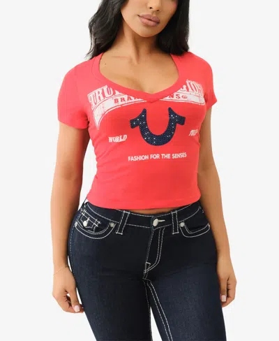 True Religion Women's Crystal Logo V-neck Baby T-shirt In Flame Scarlet