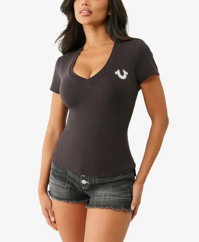 True Religion Women's Crystal Logo V-neck T-shirt In Blue