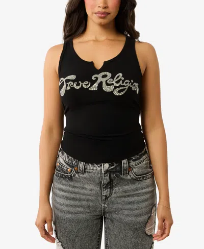 True Religion Women's Crystal Logo V Notch Tank In Jet Black