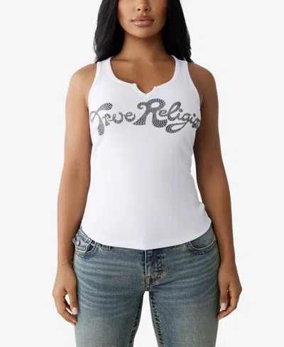 True Religion Women's Crystal Logo V Notch Tank In Optic White