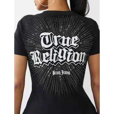 True Religion Women's Crystal Logo V-neck T-shirt In Black