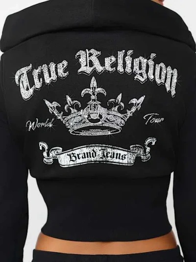 True Religion Women's Crystal Low Plunge French Terry Zip Hoodie In Black