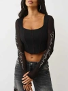 True Religion Women's Crystal Mesh Long Sleeve Corset Top In Black