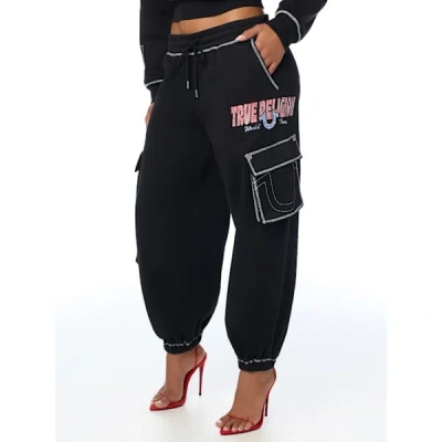 True Religion Women's Crystal Mid Rise Cargo Baggy Jogger Pants In Black