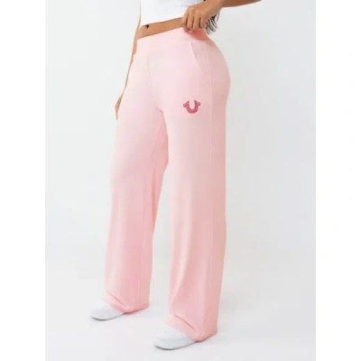 True Religion Women's Crystal Mid Rise Velour Straight Leg Sweatpant In Pink