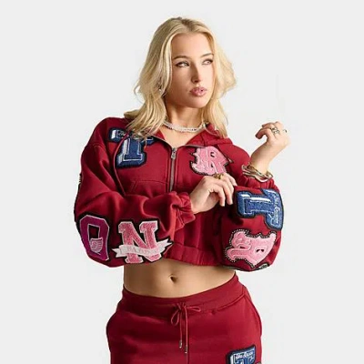 True Religion Women's Crystal Patch Girlfriend Cropped Full-zip Hoodie In Red