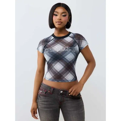 True Religion Women's Crystal Plaid Raglan Shirt Mesh Top In Multi